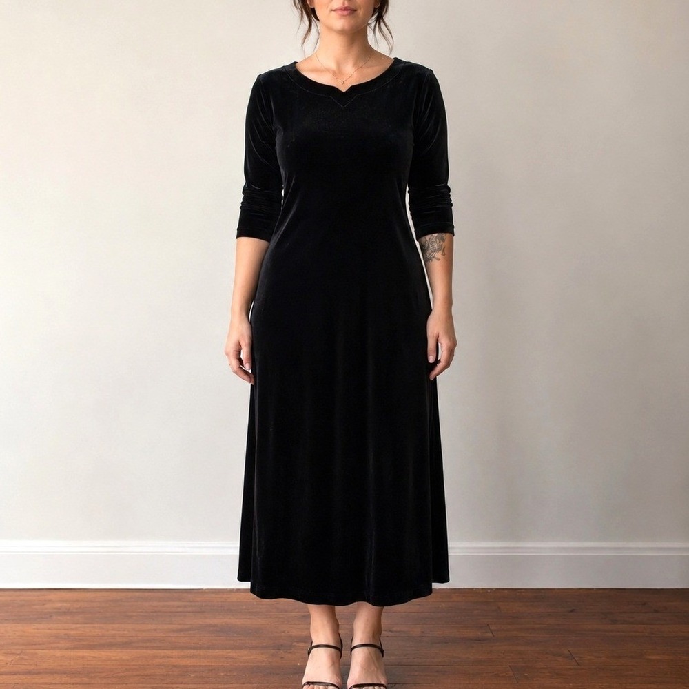 VTG 90s Black Velour Velvet Midi Dress 12 Whimsigoth Witchy Minimalist Stretch